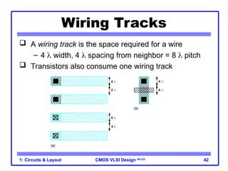 CMOS VLSI Design 4th Ed.
1: Circuits & Layout 42
Wiring Tracks
 A wiring track is the space required for a wire
– 4  width, 4  spacing from neighbor = 8  pitch
 Transistors also consume one wiring track
 