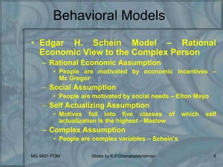 MG 9401 POM Slides by K.P.Dhanabalakrishnan 6
Behavioral Models
• Edgar H. Schein Model – Rational
Economic View to the Complex Person
– Rational Economic Assumption
• People are motivated by economic incentives –
Mc Gregor
– Social Assumption
• People are motivated by social needs – Elton Mayo
– Self Actualizing Assumption
• Motives fall into five classes of which self
actualization Is the highest - Maslow
– Complex Assumption
• People are complex variables – Schein’s
 