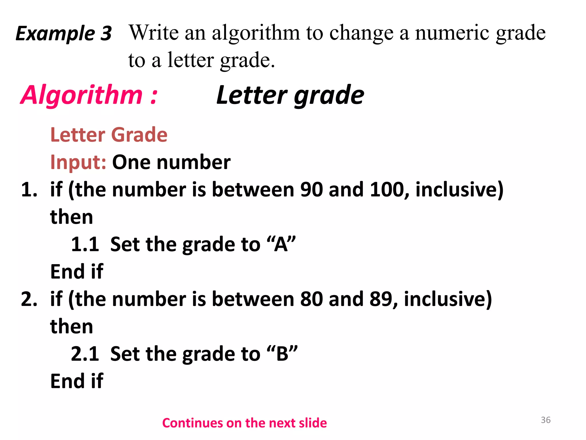 Example 3 Write an algorithm to change a numeric grade
to a letter grade.
Letter Grade
Input: One number
1. if (the number is between 90 and 100, inclusive)
then
1.1 Set the grade to “A”
End if
2. if (the number is between 80 and 89, inclusive)
then
2.1 Set the grade to “B”
End if
Algorithm : Letter grade
Continues on the next slide 36
 