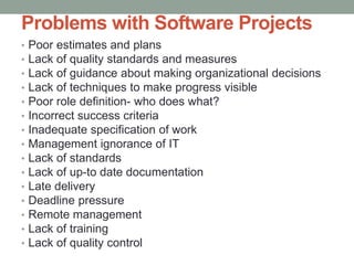 Problems with Software Projects
• Poor estimates and plans
• Lack of quality standards and measures
• Lack of guidance about making organizational decisions
• Lack of techniques to make progress visible
• Poor role definition- who does what?
• Incorrect success criteria
• Inadequate specification of work
• Management ignorance of IT
• Lack of standards
• Lack of up-to date documentation
• Late delivery
• Deadline pressure
• Remote management
• Lack of training
• Lack of quality control
 