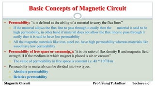 Basic Concepts of Magnetic Circuit
 Permeability: “it is defined as the ability of a material to carry the flux lines”
 If the material allows the flux line to pass through it easily then the material is said to be
high permeability, in other hand if material does not allow the flux lines to pass through it
easily then it is said to have low permeability
 All the magnetic materials like iron, steel etc. have high permeability whereas materials like
wood have low permeability
 Permeability of free space or vacuum(µ0): “it is the ratio of flux density B and magnetic field
strength H if the medium in which magnet is placed is air or vacuum”
 The value of permeability in free space is constant i.e. 4π * 10-7H/m
 Permeability in materials can be divided into two types:
 Absolute permeability
 Relative permeability
Magnetic Circuit Prof. Suraj T. Jadhav Lecture 1-7
 