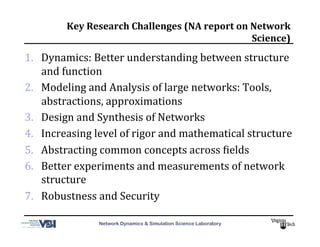 Network Dynamics & Simulation Science Laboratory
Key	
  Research	
  Challenges	
  (NA	
  report	
  on	
  Network	
  	
  
Science)	
  
1.  Dynamics:	
  Better	
  understanding	
  between	
  structure	
  
and	
  function	
  
2.  Modeling	
  and	
  Analysis	
  of	
  large	
  networks:	
  Tools,	
  
abstractions,	
  approximations	
  
3.  Design	
  and	
  Synthesis	
  of	
  Networks	
  
4.  Increasing	
  level	
  of	
  rigor	
  and	
  mathematical	
  structure	
  
5.  Abstracting	
  common	
  concepts	
  across	
  Mields	
  
6.  Better	
  experiments	
  and	
  measurements	
  of	
  network	
  
structure	
  
7.  Robustness	
  and	
  Security	
  
 