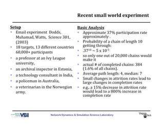 Network Dynamics & Simulation Science Laboratory
Recent	
  small	
  world	
  experiment	
  
Setup	
  
  Email	
  experiment	
  	
  Dodds,	
  
Muhamad,	
  Watts,	
  	
  Science	
  301,	
  
(2003)	
  
  18	
  targets,	
  13	
  different	
  countries	
  
60,000+	
  participants	
  
  a	
  professor	
  at	
  an	
  Ivy	
  League	
  
university,	
  
  an	
  archival	
  inspector	
  in	
  Estonia,	
  
  a	
  technology	
  consultant	
  in	
  India,	
  
  a	
  policeman	
  in	
  Australia,	
  
  a	
  veterinarian	
  in	
  the	
  Norwegian	
  
army.	
  
Basic	
  Analysis	
  
  Approximate	
  37%	
  participation	
  rate	
  
approximately	
  .	
  
  Probability	
  of	
  a	
  chain	
  of	
  length	
  10	
  
getting	
  through:	
  
  .3710	
  ~	
  5	
  x	
  10-­‐5	
  
  so	
  only	
  one	
  out	
  of	
  20,000	
  chains	
  would	
  
make	
  it	
  
  actual	
  #	
  of	
  completed	
  chains:	
  384	
  
(1.6%	
  of	
  all	
  chains).	
  
  Average	
  path	
  length:	
  4,	
  median:	
  7	
  
  Small	
  changes	
  in	
  attrition	
  rates	
  lead	
  to	
  
large	
  changes	
  in	
  completion	
  rates	
  
  e.g.,	
  a	
  15%	
  decrease	
  in	
  attrition	
  rate	
  
would	
  lead	
  to	
  a	
  800%	
  increase	
  in	
  
completion	
  rate	
  
 