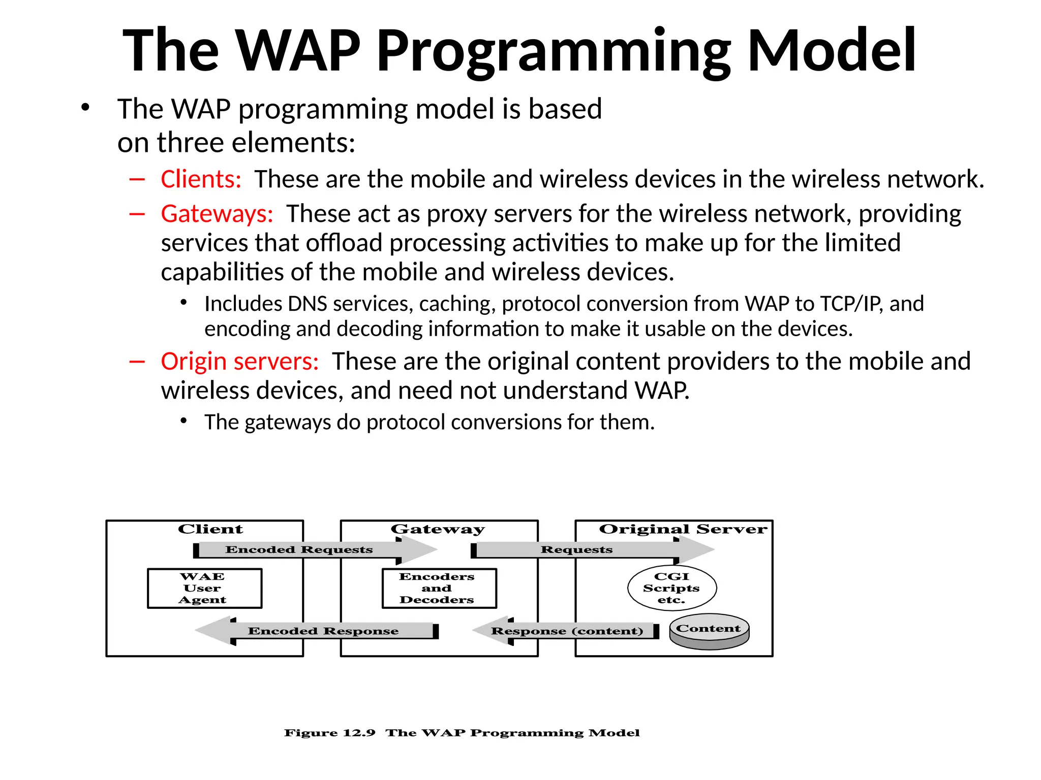 The WAP Programming Model
• The WAP programming model is based
on three elements:
– Clients: These are the mobile and wireless devices in the wireless network.
– Gateways: These act as proxy servers for the wireless network, providing
services that offload processing activities to make up for the limited
capabilities of the mobile and wireless devices.
• Includes DNS services, caching, protocol conversion from WAP to TCP/IP, and
encoding and decoding information to make it usable on the devices.
– Origin servers: These are the original content providers to the mobile and
wireless devices, and need not understand WAP.
• The gateways do protocol conversions for them.
 