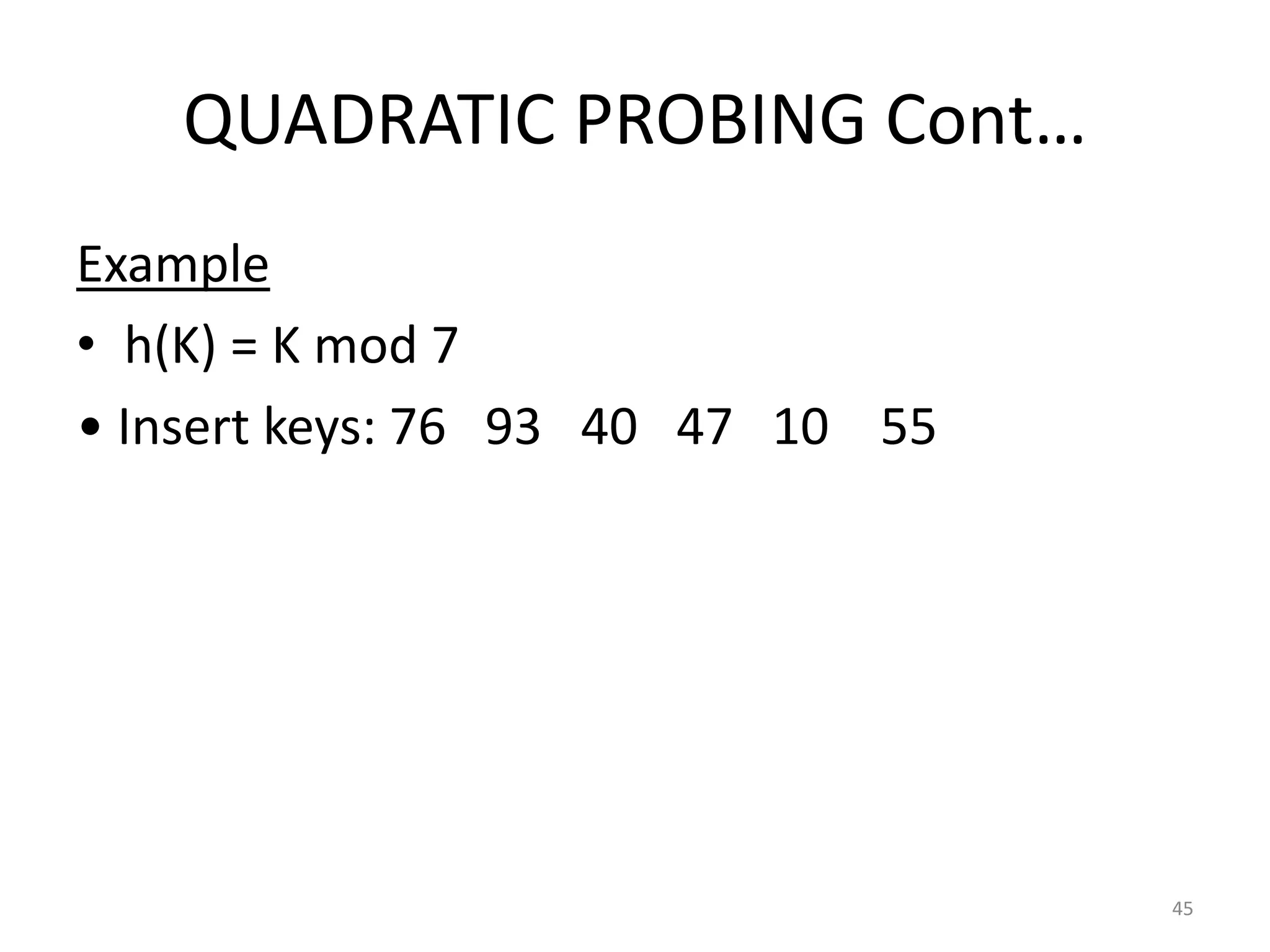 QUADRATIC PROBING Cont…
Example
• h(K) = K mod 7
• Insert keys: 76 93 40 47 10 55
45
 