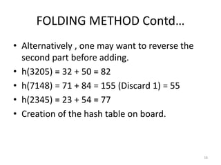 FOLDING METHOD Contd…
• Alternatively , one may want to reverse the
second part before adding.
• h(3205) = 32 + 50 = 82
• h(7148) = 71 + 84 = 155 (Discard 1) = 55
• h(2345) = 23 + 54 = 77
• Creation of the hash table on board.
16
 