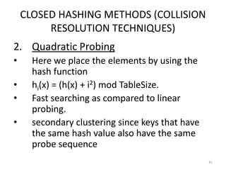CLOSED HASHING METHODS (COLLISION
RESOLUTION TECHNIQUES)
2. Quadratic Probing
• Here we place the elements by using the
hash function
• hi(x) = (h(x) + i2) mod TableSize.
• Fast searching as compared to linear
probing.
• secondary clustering since keys that have
the same hash value also have the same
probe sequence
41
 