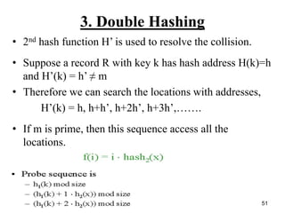 51
3. Double Hashing
• 2nd hash function H’ is used to resolve the collision.
• Suppose a record R with key k has hash address H(k)=h
and H’(k) = h’ ≠ m
• Therefore we can search the locations with addresses,
H’(k) = h, h+h’, h+2h’, h+3h’,…….
• If m is prime, then this sequence access all the
locations.
 