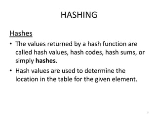HASHING
Hashes
• The values returned by a hash function are
called hash values, hash codes, hash sums, or
simply hashes.
• Hash values are used to determine the
location in the table for the given element.
7
 