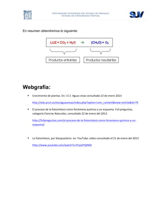  
En resumen obtendremos lo siguiente:
Webgrafía:
§ Crecimiento	
  de	
  plantas.	
  En:	
  I.E.S	
  	
  Aguas	
  vivas	
  consultado	
  22	
  de	
  enero	
  2013	
  
http://edu.jccm.es/ies/aguasvivas/index.php?option=com_content&view=article&id=79	
  
§ El	
  proceso	
  de	
  la	
  fotosíntesis	
  como	
  fenómeno	
  químico	
  y	
  un	
  esquema.	
  Full	
  preguntas,	
  
categoría	
  Ciencias	
  Naturales,	
  consultado	
  22	
  de	
  enero	
  del	
  2013.	
  
http://fullpreguntas.com/el-­‐proceso-­‐de-­‐la-­‐fotosintesis-­‐como-­‐fenomeno-­‐quimico-­‐y-­‐un-­‐
esquema/	
  
	
  
§ La	
  fotosíntesis,	
  por	
  blazquezbros	
  	
  en:	
  YouTube,	
  video	
  consultado	
  el	
  21	
  de	
  enero	
  del	
  2013	
  
http://www.youtube.com/watch?v=FCyeVYjbNSE	
  
	
  
	
  
 