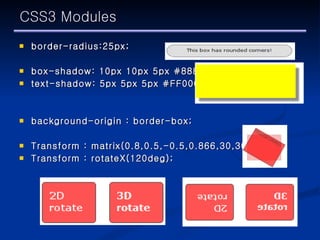 CSS3 Modules border-radius:25px; box-shadow: 10px 10px 5px #888888; text-shadow: 5px 5px 5px #FF0000; background-origin : border-box; Transform : matrix(0.8,0.5,-0.5,0.866,30,30); Transform : rotateX(120deg); 
