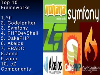Top 10 Frameworks 1.Yii 2.  CodeIgniter 3. Symfony 4. PHPDevShell 5. CakePHP 6. Akelos 7. PRADO 8.Zend 9.zoop 10. eZ Components 