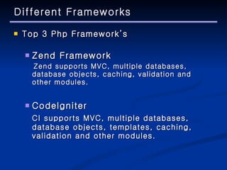 Different Frameworks Top 3 Php Framework’s Zend Framework Zend supports MVC, multiple databases, database objects, caching, validation and other modules. Codelgniter CI supports MVC, multiple databases, database objects, templates, caching, validation and other modules. 