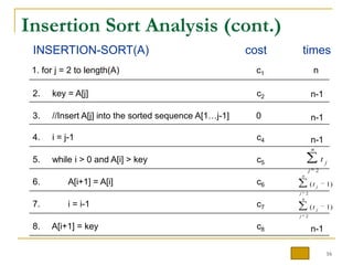 Insertion Sort Analysis (cont.)
 INSERTION-SORT(A)                                      cost       times
 1. for j = 2 to ...