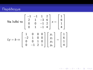 Παράδειγμα


1
−1 −1 1 2
 6
 2

1 −3 6 
x =
Να λυθεί το 
 1
 0
0 −1 2 
4
0
1 −1 4

 

y1
1
0 0 0
 −2 1 0 0   y2  

=
Ly = b ⇒ 
 0
0 1 0   y3  
y4
0 −1 2 1







1
6 

1 
4

 