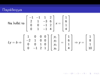 Παράδειγμα


1
−1 −1 1 2
 6
 2

1 −3 6 
x =
Να λυθεί το 
 1
 0
0 −1 2 
4
0
1 −1 4

 

y1
1
0 0 0
 −2 1 0 0   y2  

=
Ly = b ⇒ 
 0
0 1 0   y3  
y4
0 −1 2 1








1
1
 8
6 
 ⇒y =
 1
1 
10
4






 