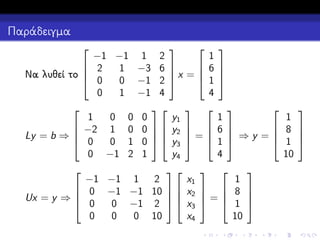 Παράδειγμα


1
−1 −1 1 2
 6
 2

1 −3 6 
x =
Να λυθεί το 
 1
 0
0 −1 2 
4
0
1 −1 4

 

y1
1
0 0 0
 −2 1 0 0   y2  

=
Ly = b ⇒ 
 0
0 1 0   y3  
y4
0 −1 2 1





−1 −1 1 2
x1
 0 −1 −1 10   x2

Ux = y ⇒ 
 0
0 −1 2   x3
x4
0
0
0 10









1
1
 8
6 
 ⇒y =
 1
1 
10
4



1
  8 
=

  1 
10






 