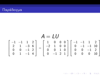 Παράδειγμα





A = LU


1
0
−1 −1 1 2
 2
1 −3 6   −2 1

 =
 0
0
0 −1 2   0
0 −1
0
1 −1 4

0
0
1
2


−1 −1 1 2
0
0   0 −1 −1 10

0 −1 2
0  0
0
0
0 10
1







 