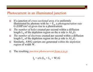 12
Photocurrent in an illuminated junction
 If a junction of cross-sectional area A is uniformly
illuminated by photons with h > Eg, a photogeneration rate
G (EHP/cm3-s) gives rise to a photocurrent.
 The number of holes created per second within a diffusion
length Lh of the depletion region on the n side is ALhG.
 The number of electrons created per second within a diffusion
length Le of the depletion region on the p side is ALeG.
 Similarly, AWG carriers are generated within the depletion
region of width W.
 The resulting junction photocurrent from n to p:
Ip = eA (Lh + Le + W) G
 