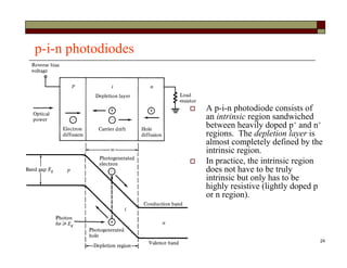 24
p-i-n photodiodes
 A p-i-n photodiode consists of
an intrinsic region sandwiched
between heavily doped p+ and n+
regions. The depletion layer is
almost completely defined by the
intrinsic region.
 In practice, the intrinsic region
does not have to be truly
intrinsic but only has to be
highly resistive (lightly doped p
or n region).
 