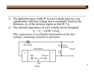 26
 The depletion-layer width W in a p-i-n diode does not vary
significantly with bias voltage but is essentially fixed by the
thickness, di, of the intrinsic region so that W ≈ di.
 The internal capacitance of a p-i-n diode can be designed:
Ci = Cj = A/W ≈ A/di
This capacitance is essentially independent of the bias
voltage, remaining constant in operation.
 