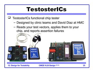CMOS VLSI Design
CMOS VLSI Design 4th Ed.
12: Design for Testability 25
TestosterICs
 TestosterICs functional chip tester
– Designed by clinic teams and David Diaz at HMC
– Reads your test vectors, applies them to your
chip, and reports assertion failures
 