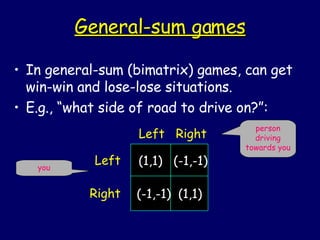 General-sum games In general-sum (bimatrix) games, can get win-win and lose-lose situations. E.g., “what side of road to drive on?”: person driving towards you you (1,1)  (-1,-1) (-1,-1)  (1,1) Left Right Left  Right 