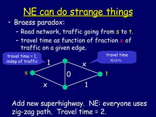 NE can do strange things Braess paradox: Road network, traffic going from  s  to  t . travel time as function of fraction  x  of traffic on a given edge. Add new superhighway.  NE: everyone uses zig-zag path.  Travel time = 2. s x 1 1 t x travel time = 1, indep of traffic travel time  t(x)=x .  0 
