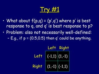 Try #1 What about f(p,q) = (p’,q’) where p’ is best response to q, and q’ is best response to p? Problem: also not necessarily well-defined: E.g., if p = (0.5,0.5) then q’ could be anything. (-1,1)  (1,-1) (1,-1)  (-1,1) Left Right Left  Right 