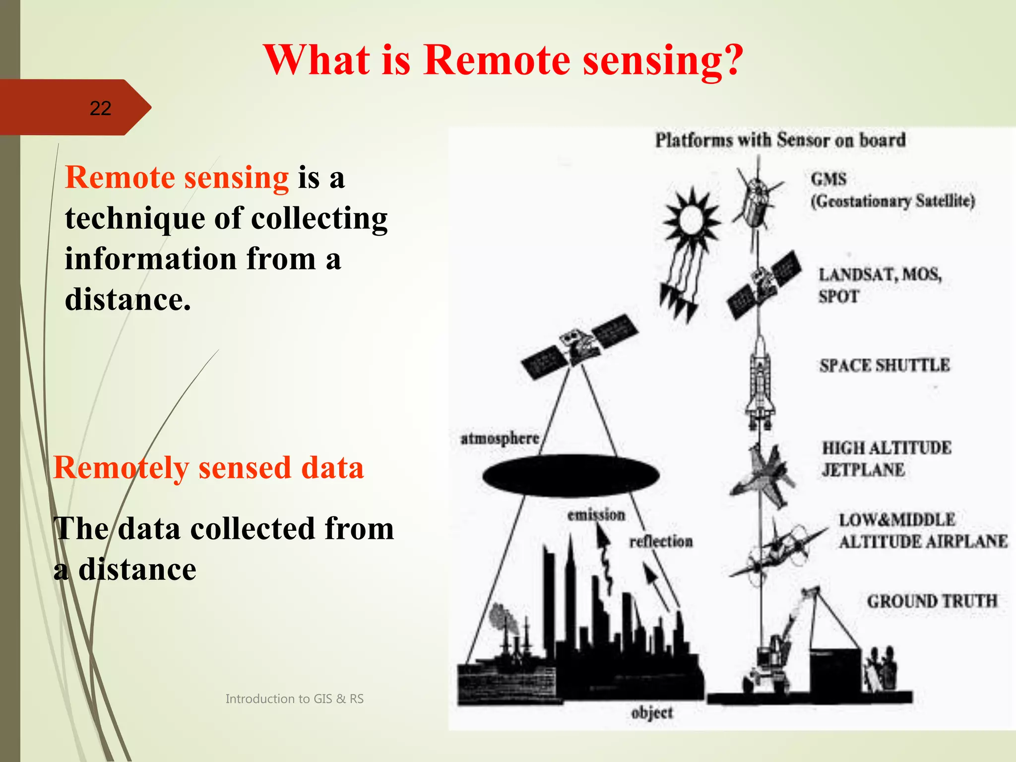 What is Remote sensing?
Remote sensing is a
technique of collecting
information from a
distance.
Remotely sensed data
The data collected from
a distance
8/12/2
021
22
Introduction to GIS & RS
 
