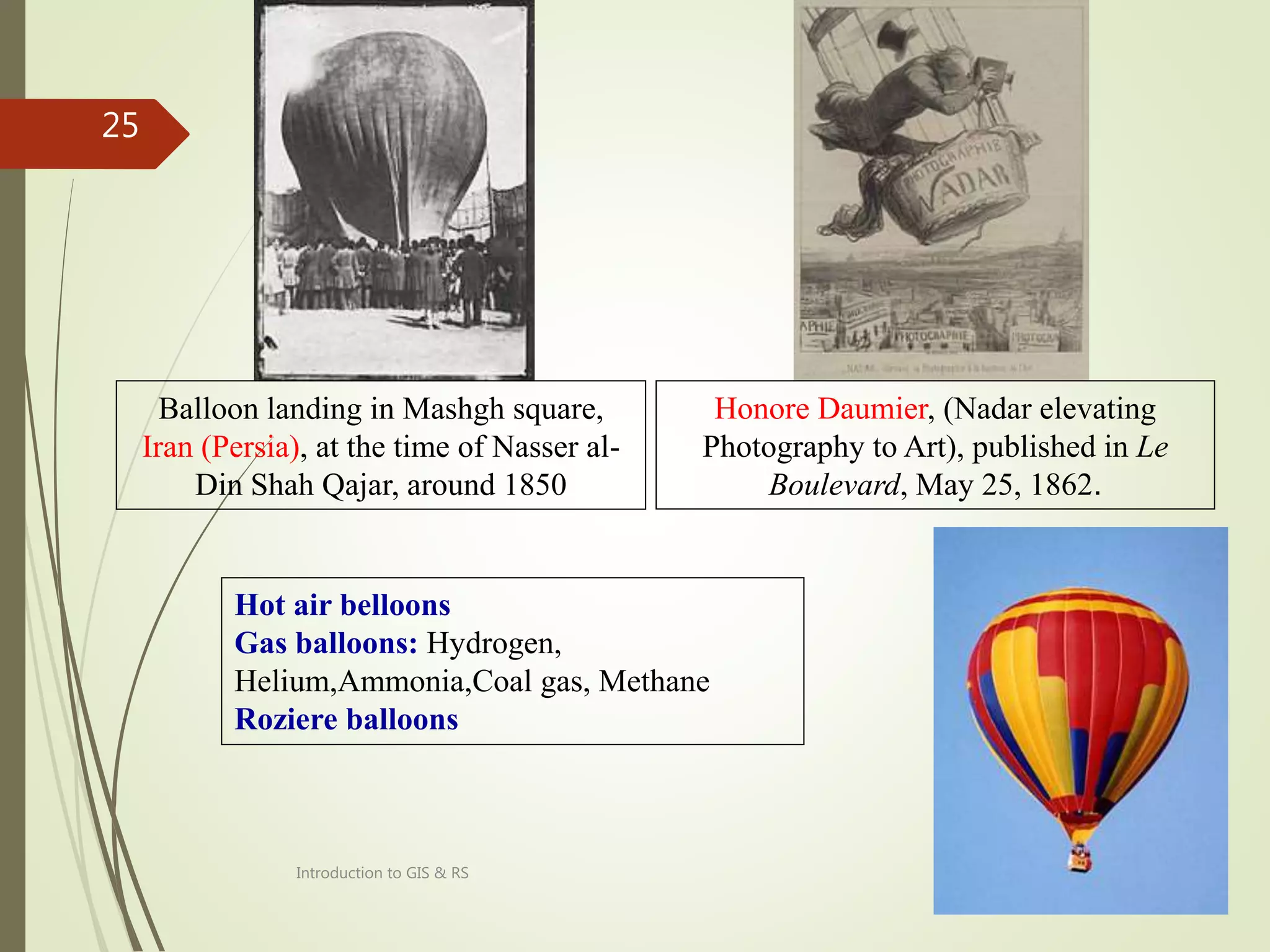 8/12/2021
Introduction to GIS & RS
25
Honore Daumier, (Nadar elevating
Photography to Art), published in Le
Boulevard, May 25, 1862.
Hot air belloons
Gas balloons: Hydrogen,
Helium,Ammonia,Coal gas, Methane
Roziere balloons
Balloon landing in Mashgh square,
Iran (Persia), at the time of Nasser al-
Din Shah Qajar, around 1850
 