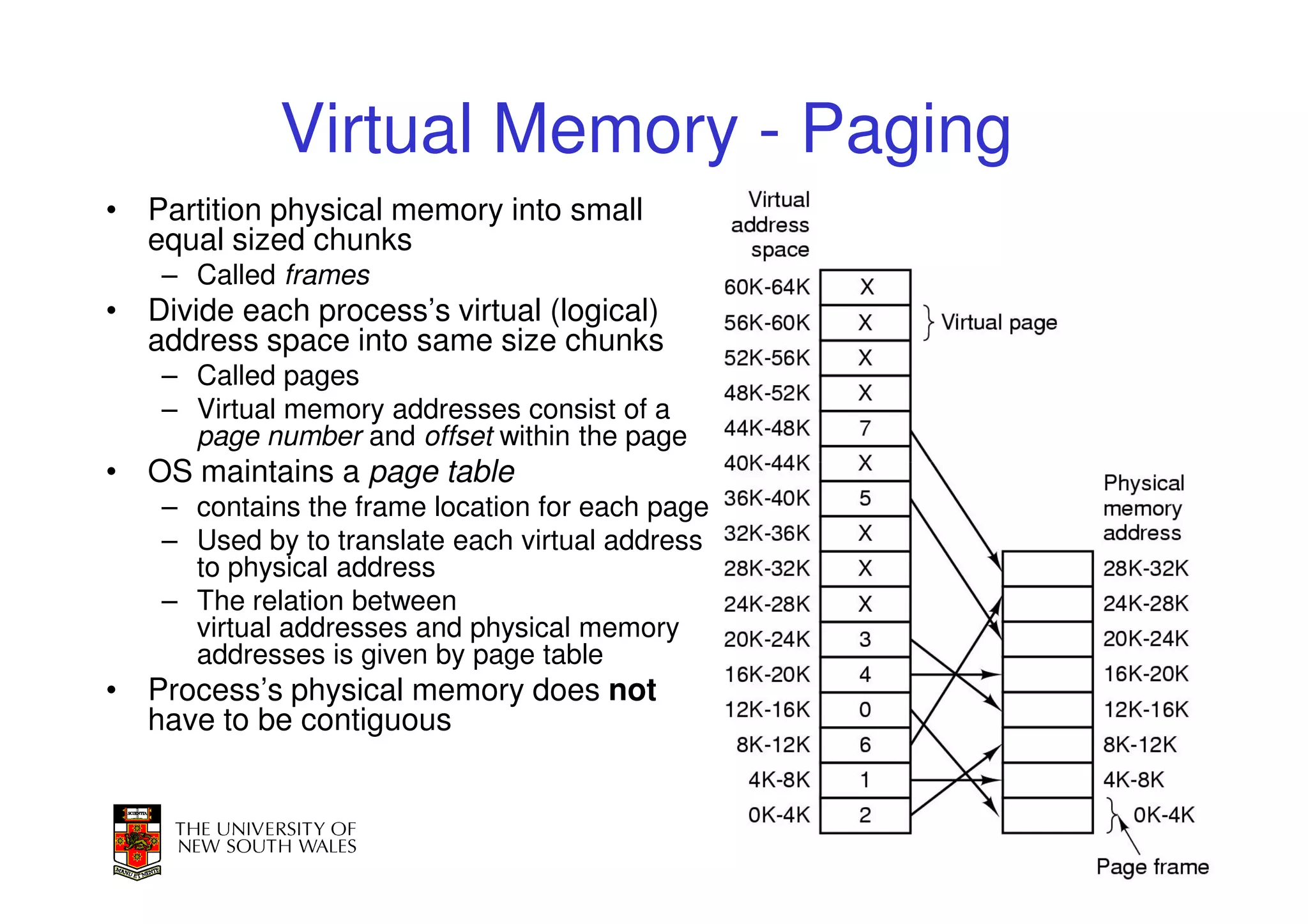 Virtual Memory - Paging
• Partition physical memory into small
  equal sized chunks
    – Called frames
• Divide each process’s virtual (logical)
  address space into same size chunks
    – Called pages
    – Virtual memory addresses consist of a
      page number and offset within the page
• OS maintains a page table
    – contains the frame location for each page
    – Used by to translate each virtual address
      to physical address
    – The relation between
      virtual addresses and physical memory
      addresses is given by page table
• Process’s physical memory does not
  have to be contiguous


                                                  47
 