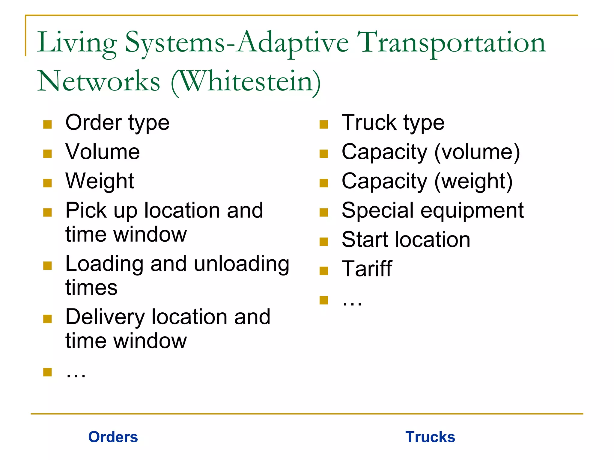 Living Systems-Adaptive Transportation
Networks (Whitestein)
  Order type              Truck type
  Volume                  Capacity (volume)
  Weight                  Capacity (weight)
  Pick up location and    Special equipment
  time window             Start location
  Loading and unloading   Tariff
  times                   …
  Delivery location and
  time window
  …

    Orders                     Trucks
 