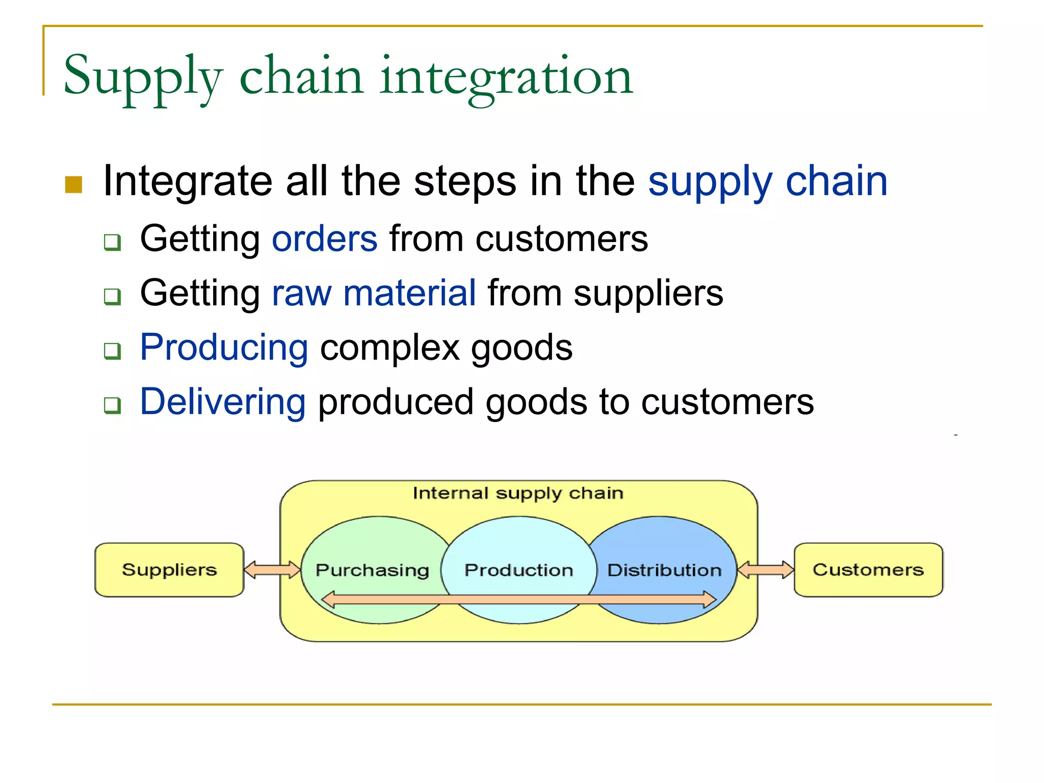 Supply chain integration
 Integrate all the steps in the supply chain
   Getting orders from customers
   Getting raw material from suppliers
   Producing complex goods
   Delivering produced goods to customers
 
