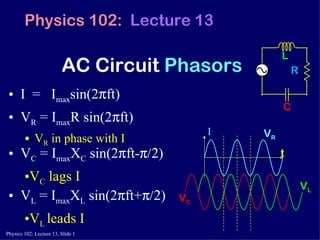 AC Circuit  Phasors Physics 102:  Lecture 13 ,[object Object],[object Object],[object Object],[object Object],[object Object],[object Object],[object Object],I t V L V C V R L R C 