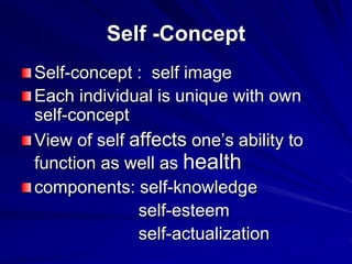 Self -Concept
Self-concept : self image
Each individual is unique with own
self-concept
View of self affects one’s ability to
function as well as health
components: self-knowledge
self-esteem
self-actualization
 