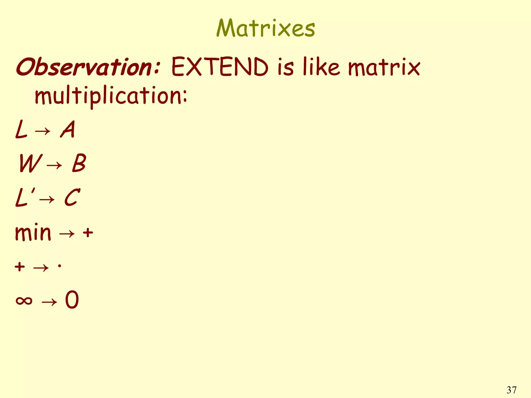 Matrixes
Observation: EXTEND is like matrix
  multiplication:
L→A
W→B
L’ → C
min → +
+→·
∞→0


                                     37
 