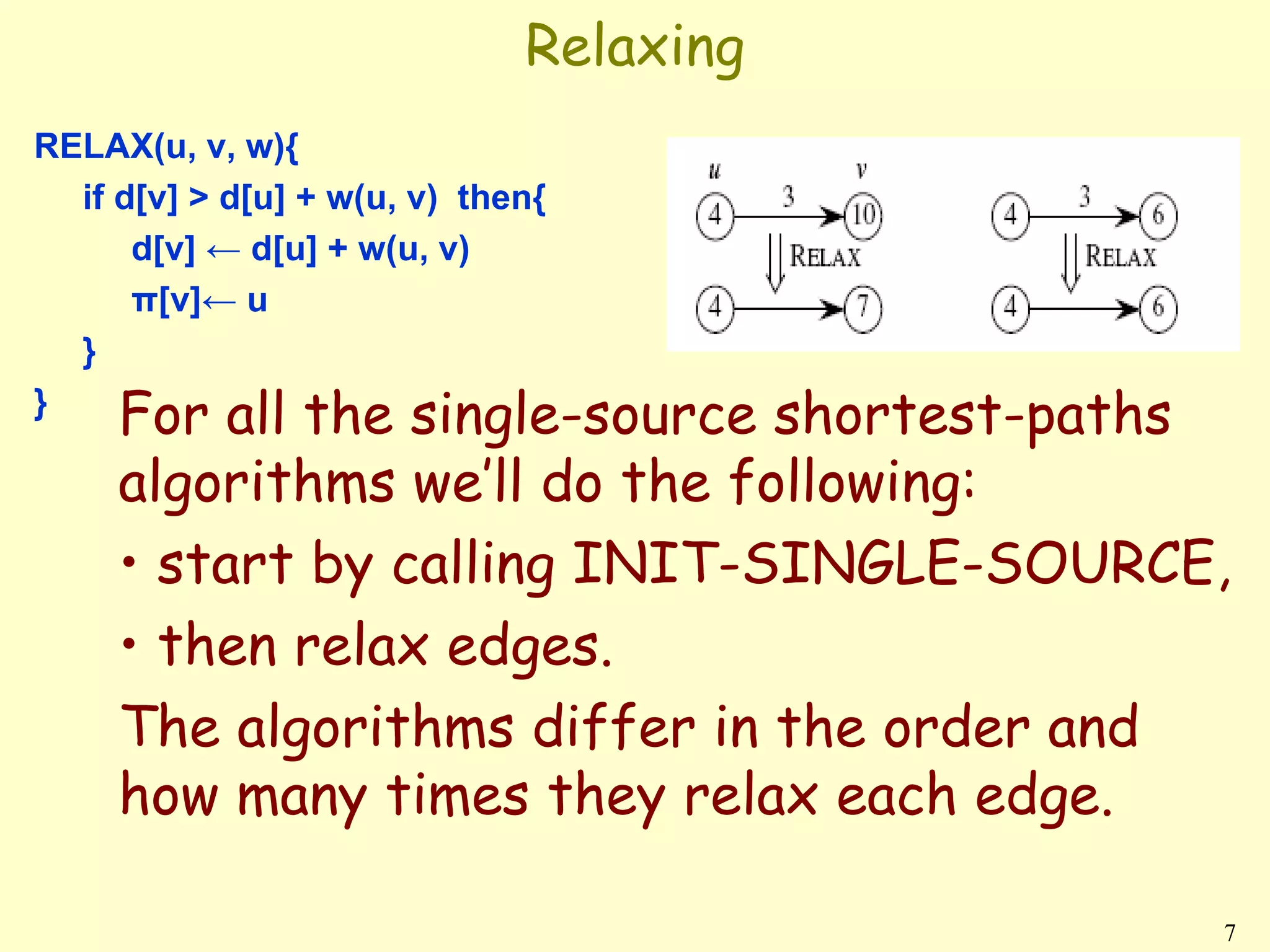 Relaxing
RELAX(u, v, w){
  if d[v] > d[u] + w(u, v) then{
      d[v] ← d[u] + w(u, v)
      π[v]← u
  }
}
     For all the single-source shortest-paths
     algorithms we’ll do the following:
     • start by calling INIT-SINGLE-SOURCE,
     • then relax edges.
     The algorithms differ in the order and
     how many times they relax each edge.

                                            7
 