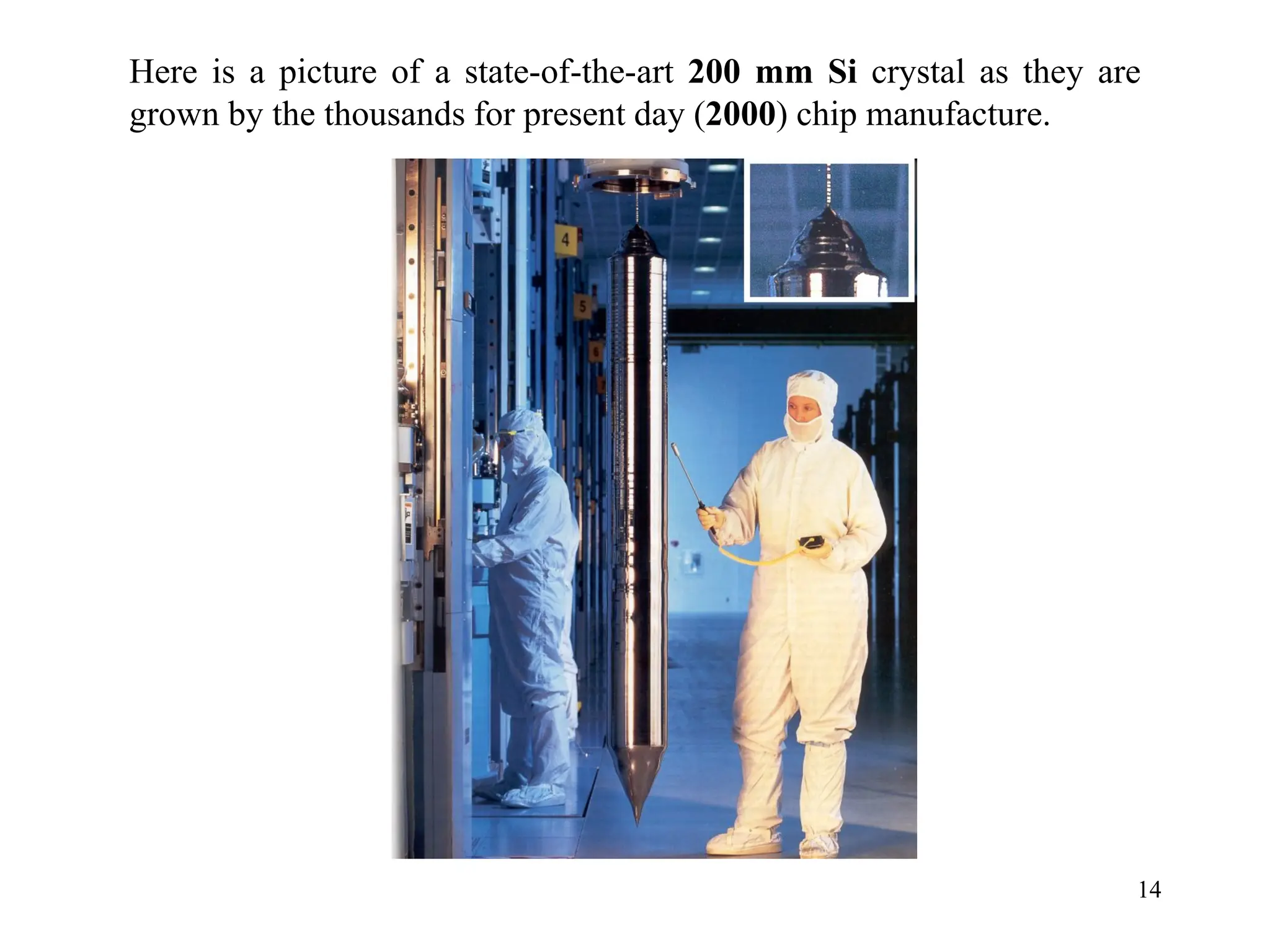 14
Here is a picture of a state-of-the-art 200 mm Si crystal as they are
grown by the thousands for present day (2000) chip manufacture.
 