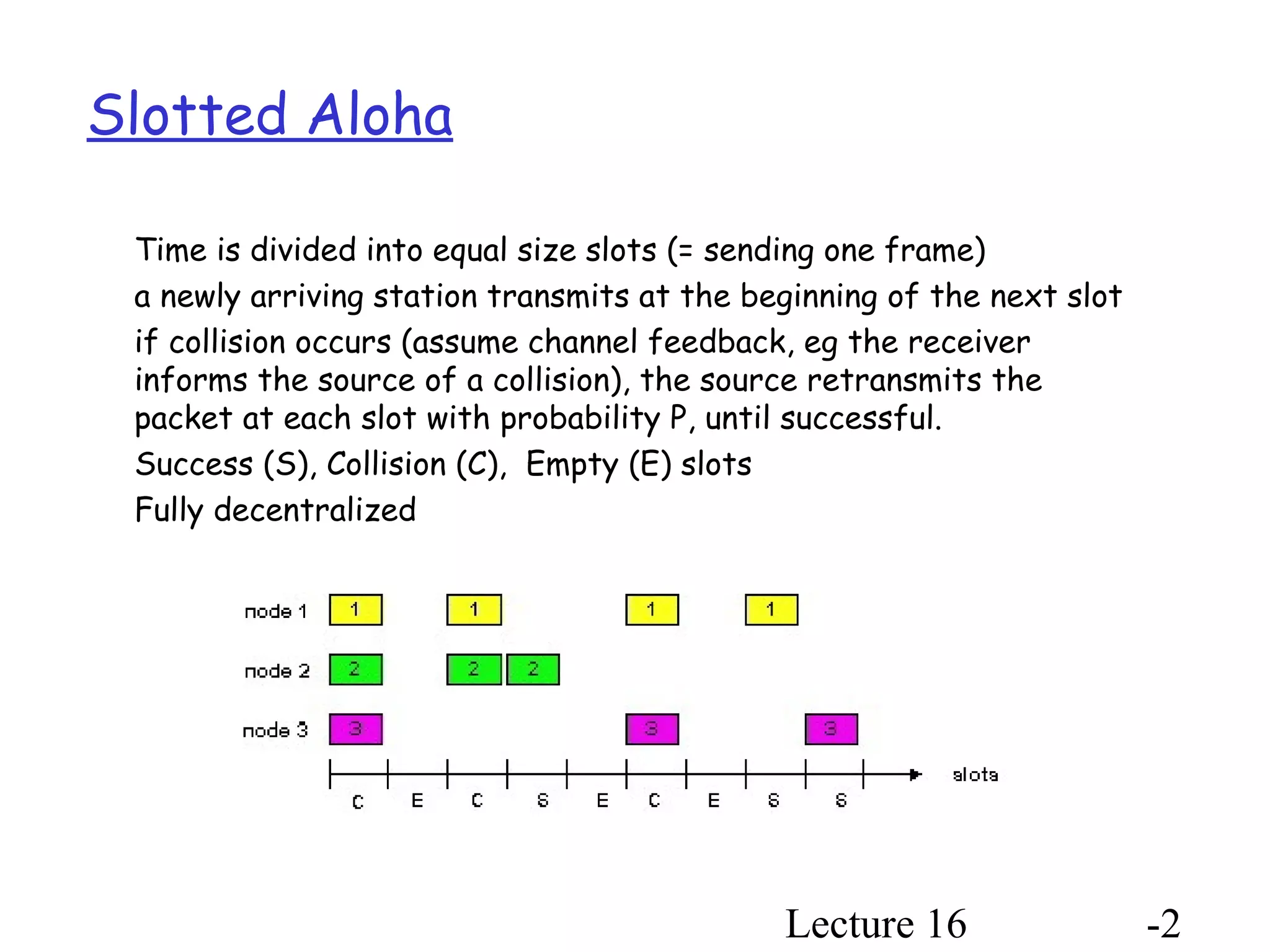 Lecture 16 -2
Slotted Aloha
Time is divided into equal size slots (= sending one frame)
a newly arriving station transmits at the beginning of the next slot
if collision occurs (assume channel feedback, eg the receiver
informs the source of a collision), the source retransmits the
packet at each slot with probability P, until successful.
Success (S), Collision (C), Empty (E) slots
Fully decentralized
 