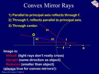 Physics 102: Lecture 17, Slide 14
O
Convex Mirror Rays
c
1) Parallel to principal axis reflects through f.
2) Through f, reflects parallel to principal axis.
#2 I
3) Through center.
#3
Image is:
Virtual (light rays don’t really cross)
Upright (same direction as object)
Reduced (smaller than object)
(always true for convex mirrors!):
f
#1
 
