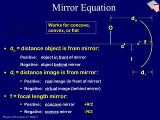 Physics 102: Lecture 17, Slide 5
O
I
Mirror Equation
1
do
+
1
di
=
1
f
f
c
do
di
• do = distance object is from mirror:
Positive: object in front of mirror
Negative: object behind mirror
• di = distance image is from mirror:
• Positive: real image (in front of mirror)
• Negative: virtual image (behind mirror)
• f = focal length mirror:
• Positive: concave mirror +R/2
• Negative: convex mirror –R/2
Works for concave,
convex, or flat
 