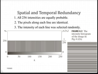 Spatial and Temporal Redundancy
7/2/2023 6
1. All 256 intensities are equally probable.
2. The pixels along each line are identical.
3. The intensity of each line was selected randomly.
 