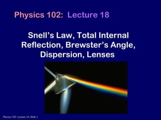 Snell’s Law, Total Internal Reflection, Brewster’s Angle, Dispersion, Lenses   Physics 102:   Lecture 18 