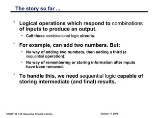 The story so far ...

      ° Logical operations which respond to combinations
        of inputs to produce an output.
   ...
