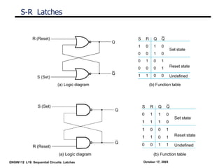 S-R Latches




ENGIN112 L19: Sequential Circuits: Latches   October 17, 2003
 
