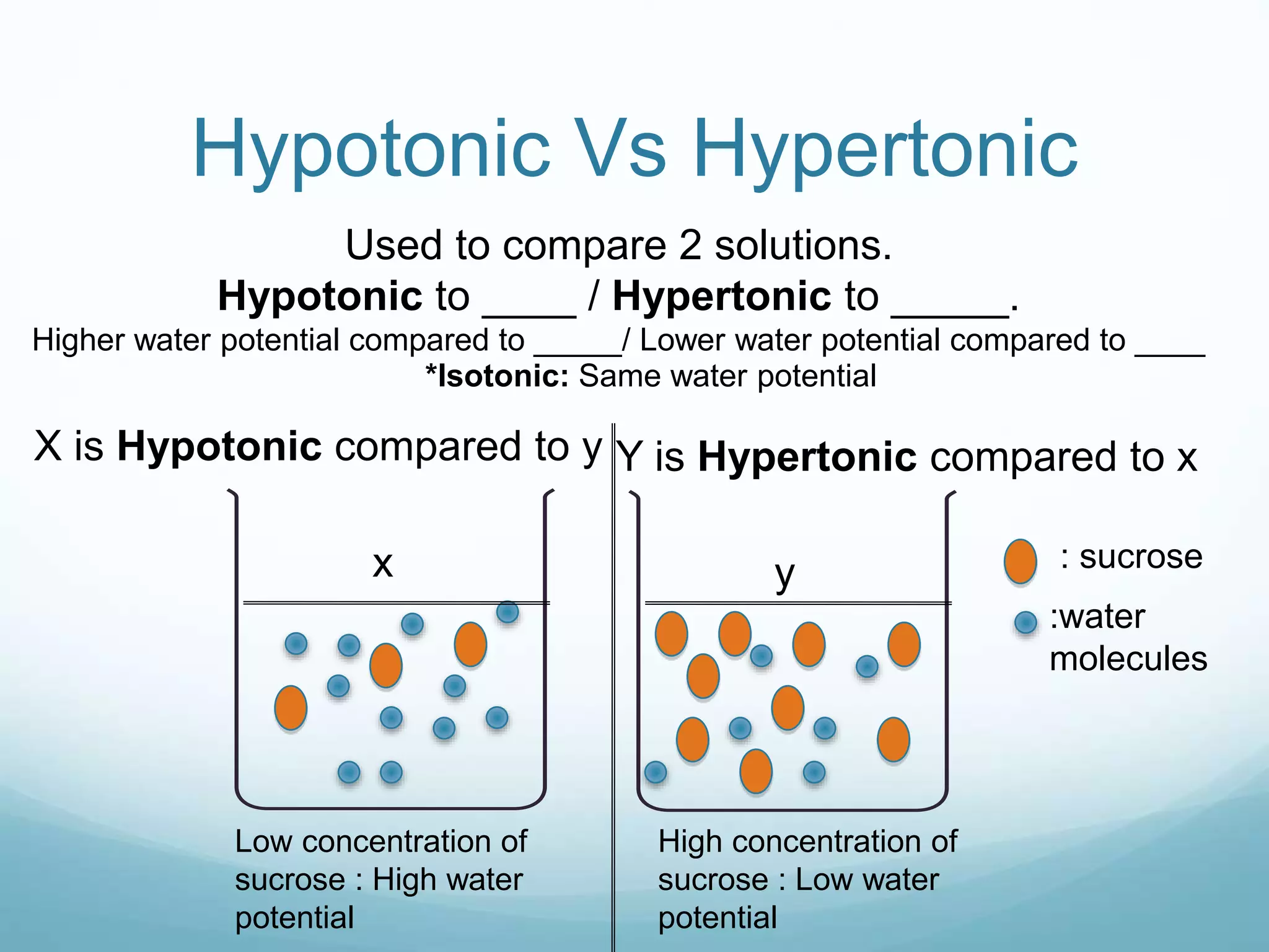 Hypotonic Vs Hypertonic 
Higher water potential compared to _____/ Lower water potential compared to ____ 
: sucrose 
:water 
molecules 
Used to compare 2 solutions. 
Hypotonic to ____ / Hypertonic to _____. 
*Isotonic: Same water potential 
x y 
High concentration of 
sucrose : Low water 
potential 
X is Hypotonic compared to y 
Low concentration of 
sucrose : High water 
potential 
Y is Hypertonic compared to x 
 