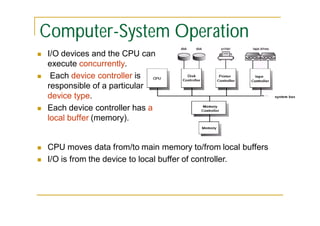 Computer-System Operation









I/O devices and the CPU can
execute concurrently.
Each device controller is
responsible of a particular
device type.
Each device controller has a
local buffer (memory).

CPU moves data from/to main memory to/from local buffers
I/O is from the device to local buffer of controller.

 