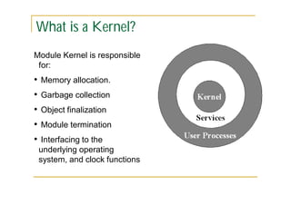 What is a Kernel?
Module Kernel is responsible
for:

•
•
•
•
•

Memory allocation.
Garbage collection
Object finalization
Module termination
Interfacing to the
underlying operating
system, and clock functions

 