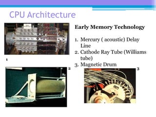 15
CPU Architecture
Early Memory Technology
1. Mercury ( acoustic) Delay
Line
2. Cathode Ray Tube (Williams
tube)
3. Magnetic Drum
1
2 3
 